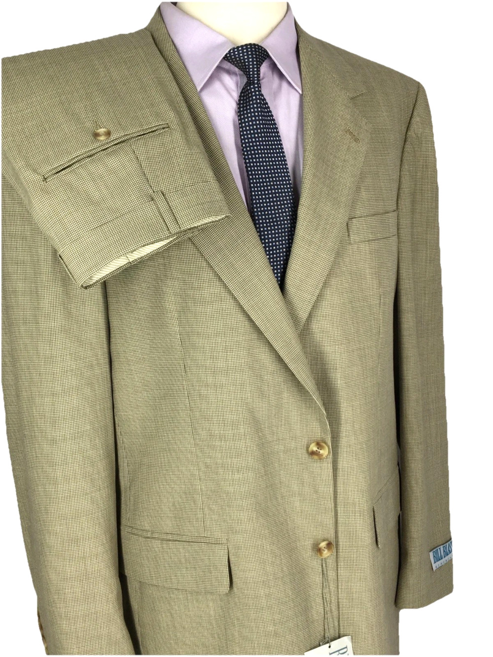 NWT 44L Bill Blass USA Mens 2 Button Worsted Wool Suit Sand Houndstooth Pants 39